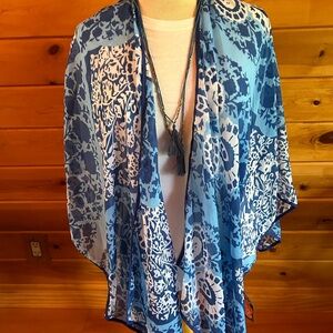 Silky Blue and White Patterned Poncho